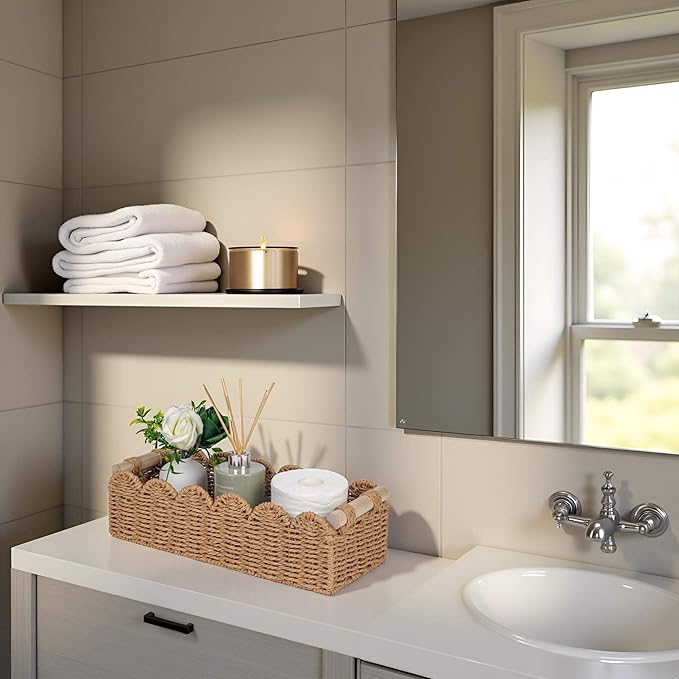 CubesLand Scalloped Decor Basket for Living Room, Home, Bathroom, 2SAME SIZE Paper Rope Basket, Toilet Storage Baskets for Over Toilet Storage Shelf, Cute Woven Basket Both Storage&Decor, Neutral