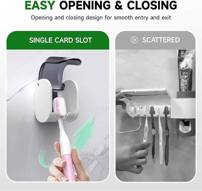 4 Pcs Toothbrush Holders Wall Mounted, Single Slot Design, Shower Self Adhesive Wall Mounted Toothbrush Holder with Cover, Waterproof and Dustproof, Suitable for Bathroom, Family, Travel (Grey)