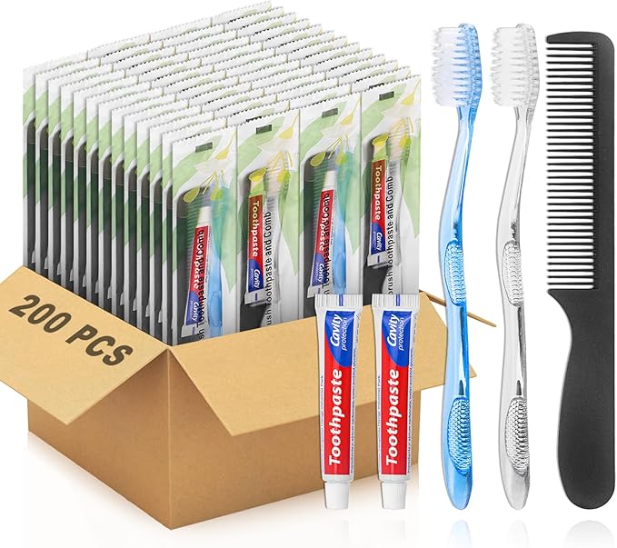 200 Pack Disposable Toothbrushes with Toothpaste and Comb for Homeless Individually Wrapped,10g Travel Toothpaste,7inch Black Hair Comb