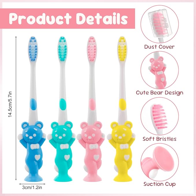 Toothbrushes for Kids In Bulk, Individually Wrapped Disposable Toothbrush Cute Manual Soft Bristles Children Toothbrush With Cover Suction Cup Toddler Toiletries Set for Home/School/Travel (40 Pack)