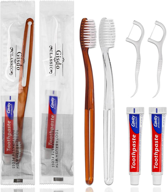 50 pcs Disposable Toothbrushes with Toothpaste Floss Individually Wrapped, 2 Color Disposable Toothbrush Bulk, 10g Toothpaste, Dental Floss Pick for Homeless,Airbnb,Hotel,Guest