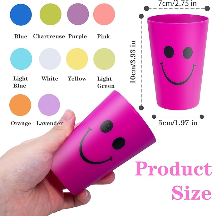Plastic Cups Set for Kids Kitchen Drinking & Toothbrush Rinse, 260ml Reusable Colored Unbreakable Smiling Face Bathoom Mouthwash Tumbler Brushes, Kids Speed Training Stackable Cup