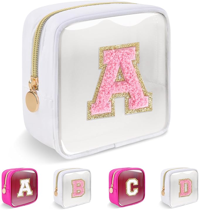 Personalized Initial Letter Clear Preppy Makeup Bag,Mini Nylon Chenille Letter Cosmetic Bag Cute Zipper Pouch Purse for Teen Girls,Portable TSA Approved Beach Travel Essentials Bag Gift for Women,A