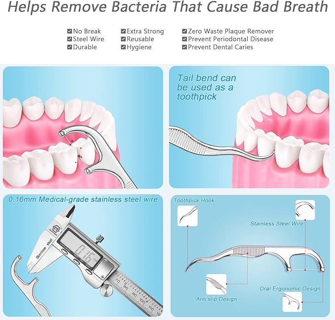 Toothpicks Pocket Set, Dental Floss Picks Kit Reusable, Stainless Steel Teeth Cleaning Tools, Tooth Picker Oral Hygiene Travel (2 Set)