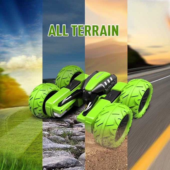 Remote Control Car for Kids 6-12 Years Old, Birthday Gift Toy for Boys Age 6 7 8+, RC Car Stunt with Light 4WD Double Side Racing Vehicle 360° Flips Offroad Indoor Outdoor Sand Grass Garden Green