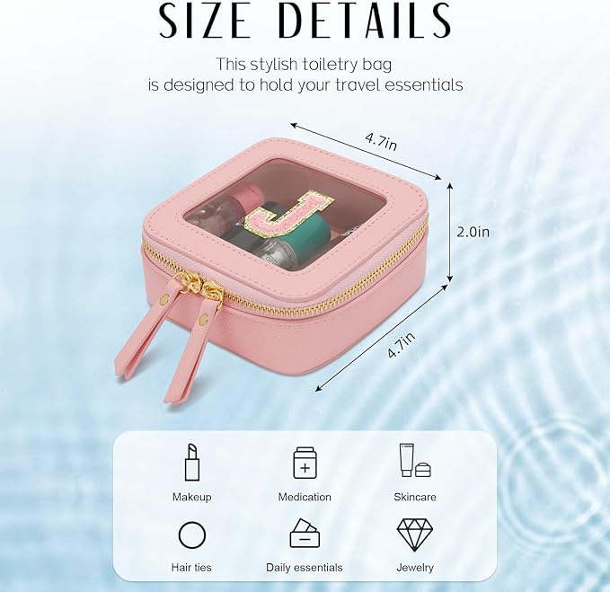 Christmas Gifts for Girls - Initial Clear Toiletry Bag, Small Cosmetic Bags for Girls with Zipper, Potable Mini Makeup Bag for Birthday, Graduation (Pink, J)