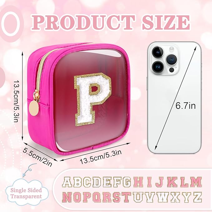 Mini Clear Personalized Initial Makeup Bag,Small Nylon Waterproof Zip Beach Cosmetic Pouch,Preppy A-Z Chenille Letter Patch Cute Coin Purse Travel Toiletry Bag Car Pack Bag for Women(Hot Pink-White P)