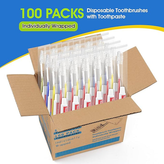 Homvle 100 Packs Disposable Toothbrushes with Toothpaste, Individually Wrapped Travel Toothbrush and Toothpaste Buld for Travel Size Toiletries, OCC, Airbnb, Dentist, Office/4 Colorful