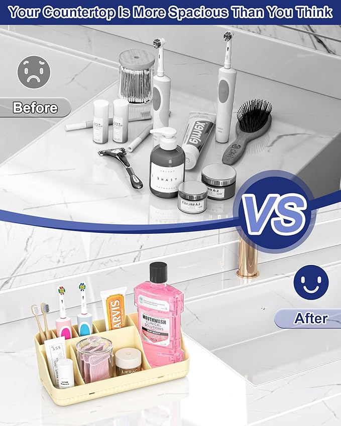 Bathroom Counter Organizer and Storage, 7 Slots Detachable Toothbrush Holders for Bathrooms, Anti-Slip Electric Toothbrush and Toothpaste Holder Countertop Vanity Organizer Accessories for Adults Kids