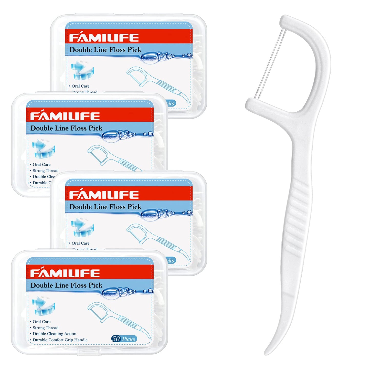 FAMILIFE Dental Floss Picks, Double Line Flossers 200 Count, Unwaxed Flossing Thinner and Tougher Unflavored Threader Flosser with 4 Travel Cases