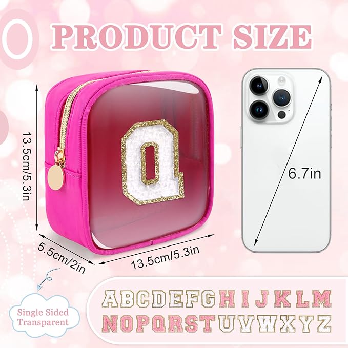 Mini Clear Personalized Initial Makeup Bag,Small Nylon Waterproof Zip Beach Cosmetic Pouch,Preppy A-Z Chenille Letter Patch Cute Coin Purse Travel Toiletry Bag Car Pack Bag for Women(Hot Pink-White Q)