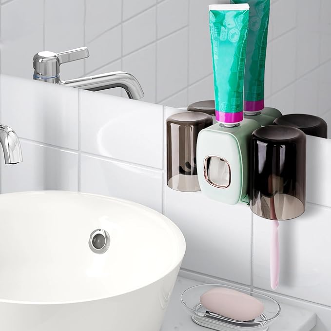 4 Slots Wall Mount Toothbrush Holder with Cover, Self Adhesive Toothbrush Storage Organizer for Shower, Toothbrush Hanger with 2 mouthwash Cups for Bathroom, Medicine Cabinet, Dorm(Green)