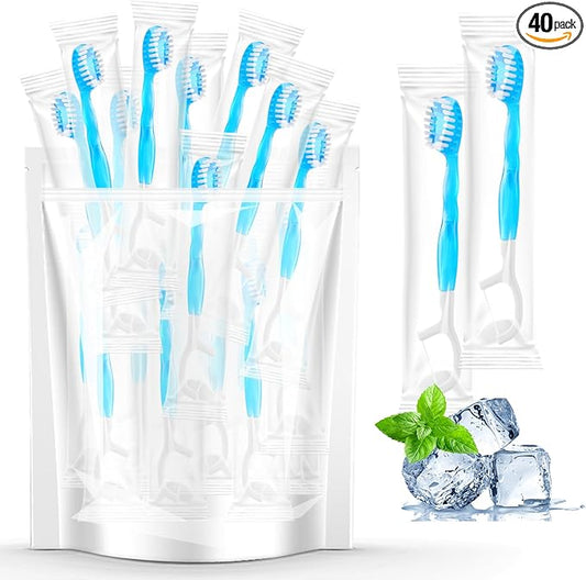 40 Individually Packaged Disposable Travel toothbrushes with Toothpaste, 5-in-1 Convenient Mini Disposable Toothbrush (Toothbrush + Toothpaste + Tongue Scraper + Dental Floss + Pick)