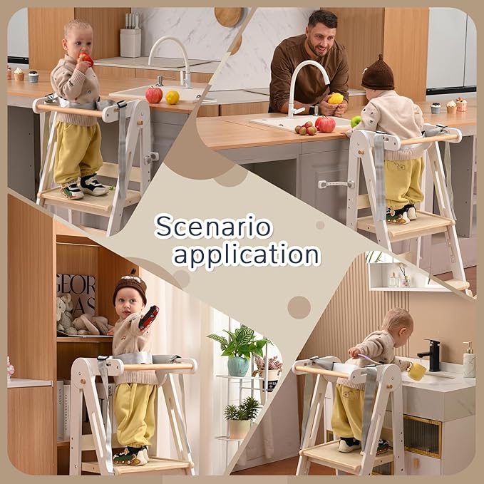 Kids Kitchen Step Stool, Foldable Toddler Tower, Height Adjustable Toddler Standing Tower with Safty Rail and Anti-Slip Device, Wooden Stool for 1.5-6 Years(White Wood)