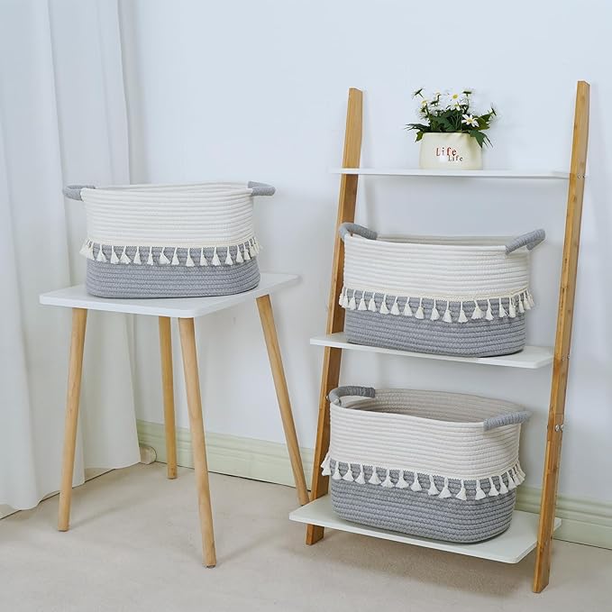 TeoKJ Storage Basket 3 Pack for Organizing, Cotton Rope Baskets for Toy, Clothes, Blankets, Decorative Basket for Living Room, Nursery, Bathroom, White & Gray