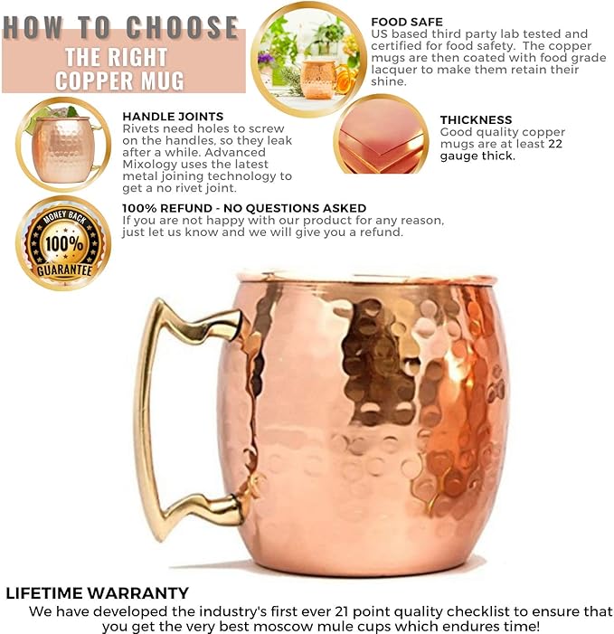 [Gift Set] Moscow Mule Copper Mugs Set of 6 (16oz) w/Straws & Jigger | 100% Pure Copper Cups, Tarnish-Resistant Food Grade Lacquered Finish, Ergonomic Handle (No Rivet) w/Solid Grip