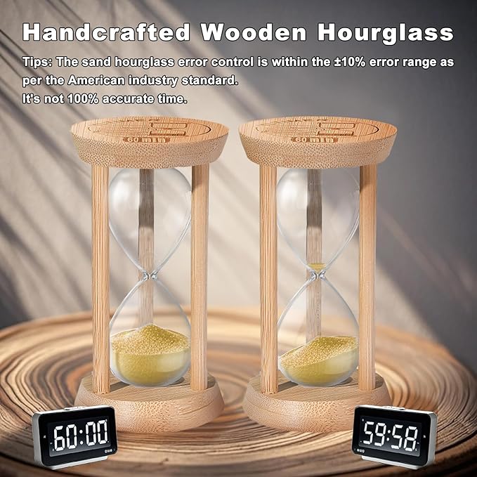 Wooden Sand Timers,5 Minute Stunning Glass Bamboo Mini Gold Sand Hourglass for Productivity, Meditation & Decor, 5 Min Small Reloj De Arena for Kitchen, Office, Yoga, Game, Classroom