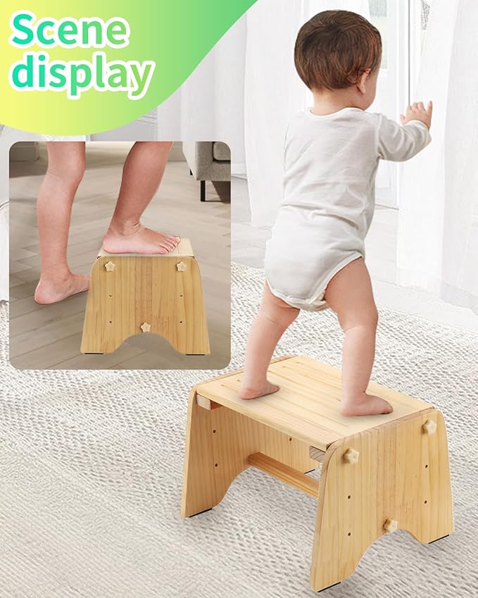 9" Wooden One Step Stool, Todder Step Stool Wood for Kids/Adults/Elderly - Adjustable Height, Lightweight, Anti-Slip, 200 Lbs Beside Stepstool for Bathroom, Kitchen, Bedroom (Natural, Pine)