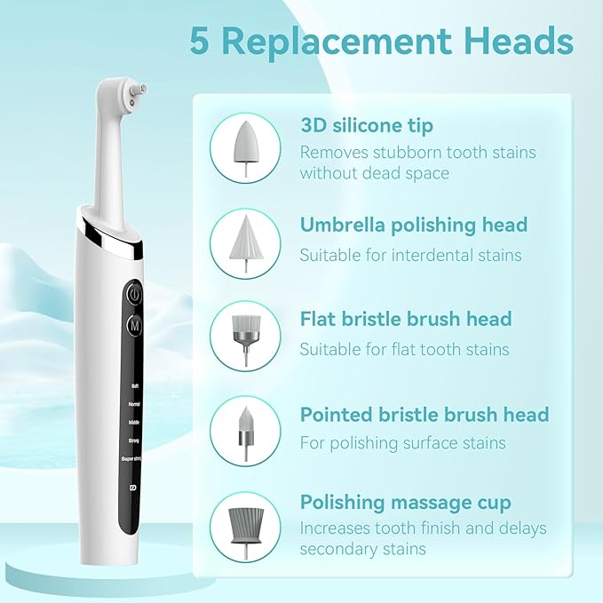 Tooth Polisher with 5 Replacement Heads and Clean Mode, Tooth Polisher Electric Professional USB Charging, IPX6 Waterproof for Adults & Kids White
