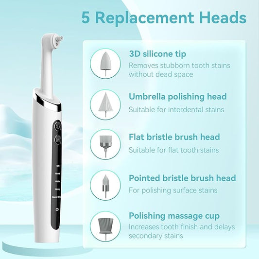 Tooth Polisher with 5 Replacement Heads and Clean Mode, Tooth Polisher Electric Professional USB Charging, IPX6 Waterproof for Adults & Kids White