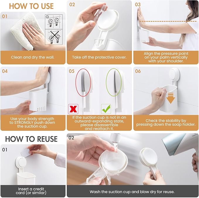 LEVERLOC Powerful Suction Cup Toothbrush Holder, Drill-Free Wall Shower Holder for Toothbrush, Toothpaste, Razor, Removable Suction Cup in Shower, Self-draining Kitchen Tableware Organizer, White