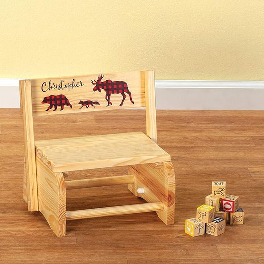 Custom Children's 2-in-1 Step Stool and Chair, Natural Wood, Buffalo Plaid Design with Custom Name