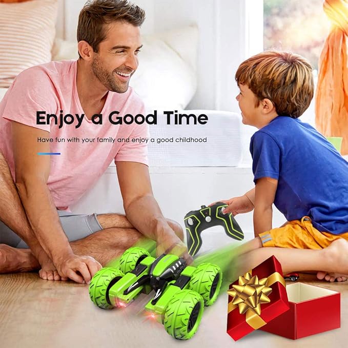 Remote Control Car for Kids 6-12 Years Old, Birthday Gift Toy for Boys Age 6 7 8+, RC Car Stunt with Light 4WD Double Side Racing Vehicle 360° Flips Offroad Indoor Outdoor Sand Grass Garden Green