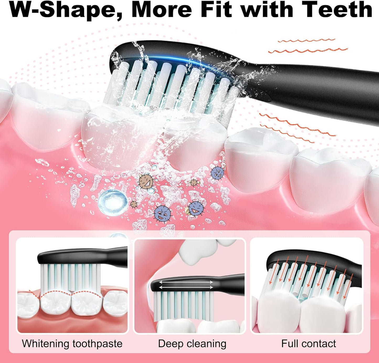 Rechargeable Electric Toothbrush, 8 Brush Heads, with 100 Day Battery Life, 5 Cleaning Modes, Fast Type-C Charging, Comes with Portable Travel Case & Holder, Black