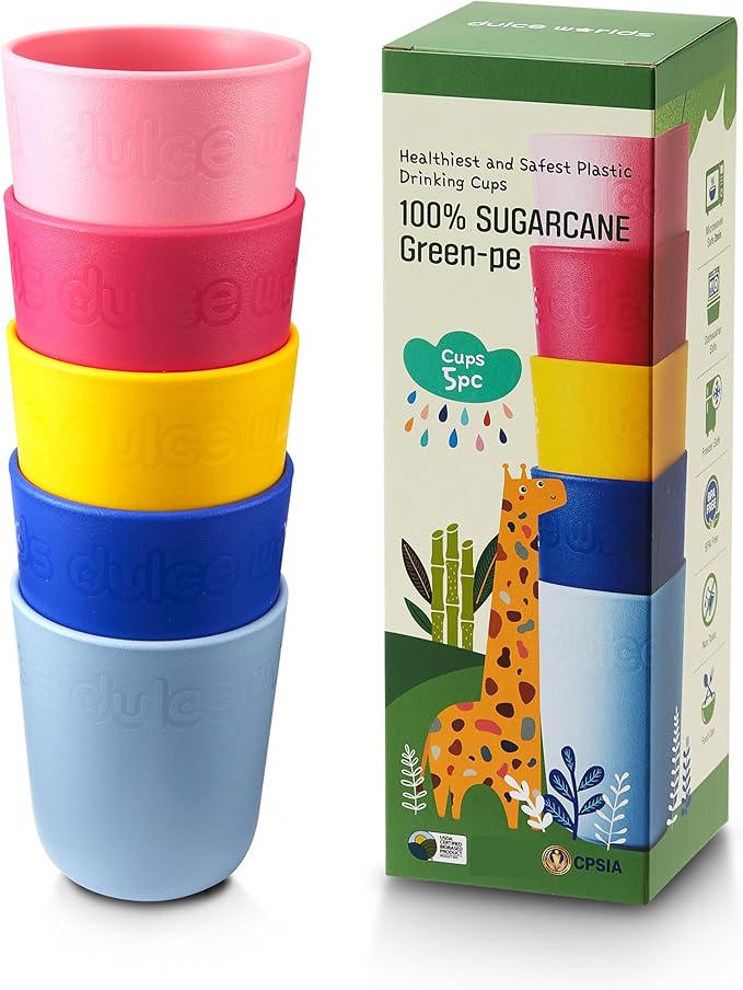 SUGARCANE Kids Cups 10 oz - 5 Pack, USDA & LFGB Certified Toddler Cups - BPA Free - Dishwasher Safe, Reusable, Unbreakable - Multi