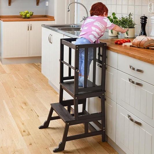 COSYLAND Kids Kitchen Step Stool, Toddler Standing Tower with CPC Certification, Removable Anti-Drop Railing Unique Patented Design A Anti-tip Stable Structure 1.5-3 Years Black Walnut Color