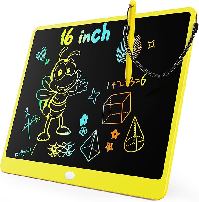 KOKODI LCD Writing Tablet, 16 Inch Colorful Toddler Doodle Board Drawing Tablet, Erasable Reusable Electronic Drawing Pads, Educational and Learning Toy for 3-6 Years Old Boy and Girls(Yellow)