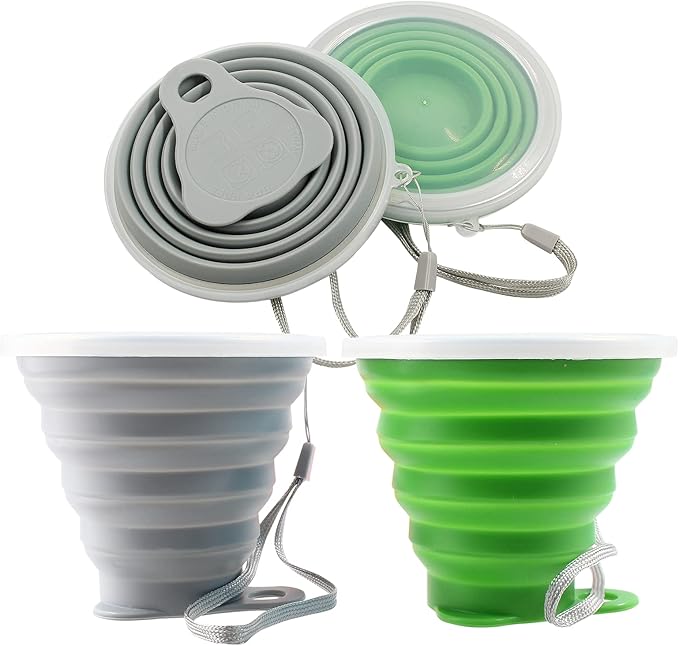 Litoexpe 2 Pack Silicone Collapsible Travel Cup Portable Folding Camping Cup Sets with Lids, Grey & Green