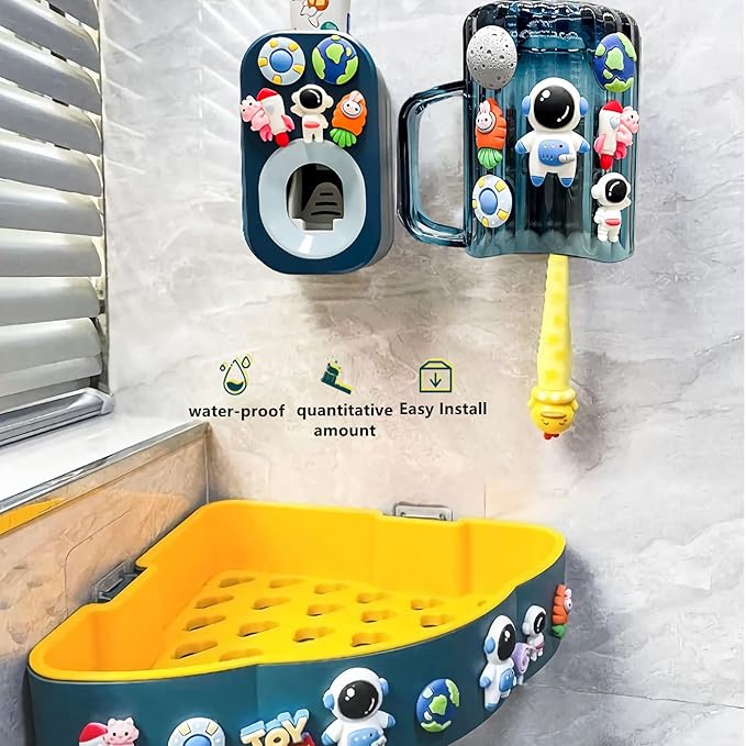 Automatic Toothpaste Dispenser & Toothpaste Holders and Wall Mounted Cup 3 Piece in a Set, is Wall Mounted for Bathroom,Toothpaste Squeezer for Kids & Family Shower by Mr. Thumbs(Navy Blue Set)