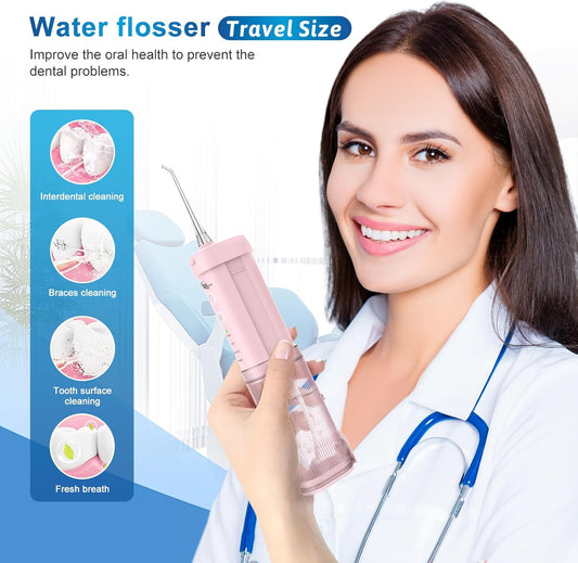 Mini Portable Water Flosser Oral Irrigator Water Teeth Cleaner Pick, Telescopic Water Tank, 4 Modes & IPX7 Waterproof, Home & Travel Water Flossers for Teeth, Braces Bridges Care. (Pink)