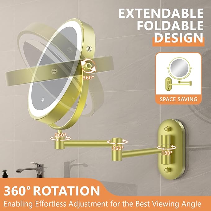 1X/20X Wall Mounted Makeup Mirror with Light, 8" Rechargeable Double-Sided Magnifying Mirror, Vanity Mirror Dimmable 3 Color Light, 360° Extension Rotation Foldable 14.5 Inch Arm for Bathroom