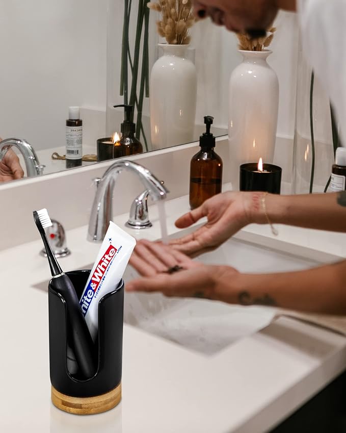 Ceramic Bathroom Cups Dispenser - 3-5 oz Disposable Paper & Plastic Bathroom Cups Holder - Mouthwash Cups Dispenser for Bathroom, Guest Toiletries, Countertop, Coffee - BPA Free (Black)