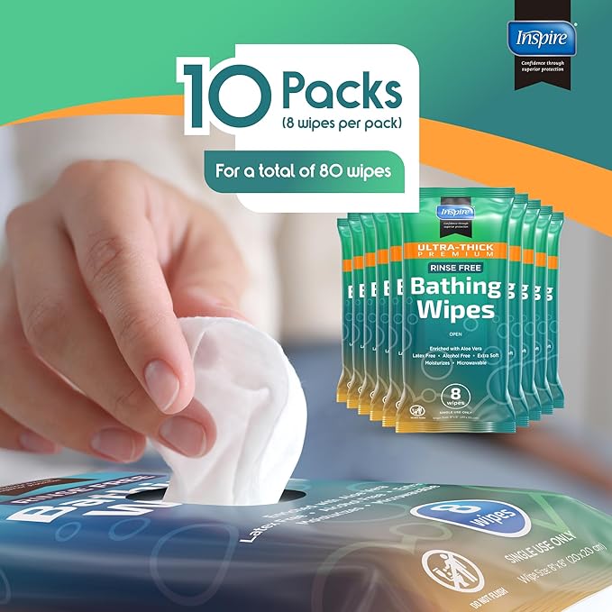 Inspire Ultra Thick Rinse-Free Bath Towels | Shower Towels - Flush-Free Wet Wipes with Aloe | Thick Strong Extra Large Towel for Adults | Body Wipes for Adults Bathing No Rinse