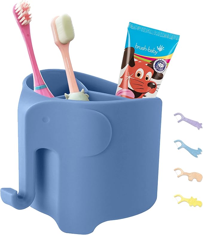 Kids Toothbrush Holder, Cute Elephant Toothbrush Holders for Toddler, Toothbrush Toothpaste Holder for Bathroom, Toothbrush Organizer with 3 Slots and a Hook, Sky Blue
