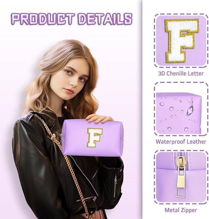 TOPEAST Cosmetic Travel Bags for Women, Preppy Small Makeup Bag, PU Leather Waterproof Toiletry Bag, Unique Friendship Gifts for Friends Coworker, Cute Stuff for Girls (Purple R)