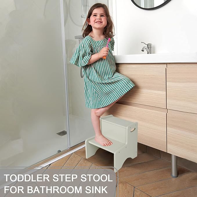 WOOD CITY Wooden Toddler Step Stool for Kids, Grey Two Step Children's Stool with Handles, Bonus Non-Slip Pads for Safety, Bathroom Potty Stool & Kitchen Step Stools Dual Height…
