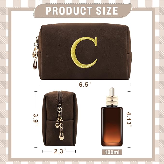 Personalized Initial Makeup Bag,Preppy Suede Cosmetic Bag for Teen Girls,Small Monogram Travel Toiletry Bag With Gold Embroidered Letter,Trendy Stuff Custom Christmas Gift for Women(Coffee-C)