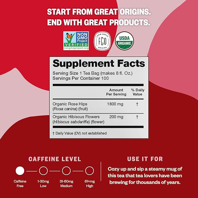 FGO Organic Rosehips Tea, Eco-Conscious Tea Bags, 100 Count, Packaging May Vary (Pack of 1)