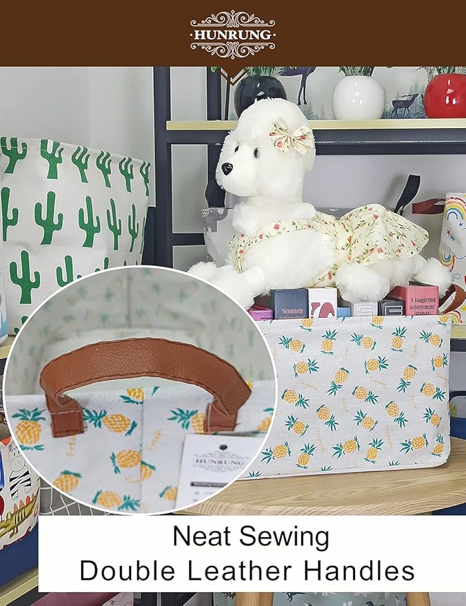 HUNRUNG Rectangle Storage Basket Cute Canvas Organizer Bin for Pet/Children Toys, Books, Clothes Perfect for Rooms/Playroom(Rectangle Pineapple)