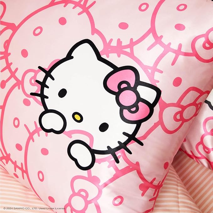Kitsch x Hello Kitty (Pink Kitty Faces) - Satin Pillowcase with Zipper for Hair and Skin, Softer Than Silk, Smooth Cooling Pillow Covers, Machine Washable, King Size (19x36)