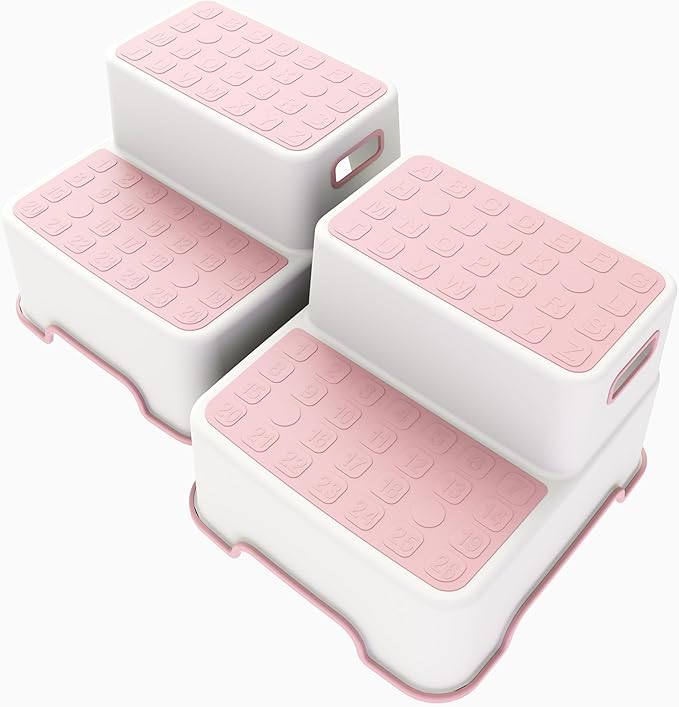 Toddler Step Stool for Bathroom Sink, 2 Pack Step Stool for Kids, Plastic Potty Training Toilet Stepping Stools, Child and Baby Lightweight&No-Slip Two Step Stools for Kitchen(Off-White/Pink)