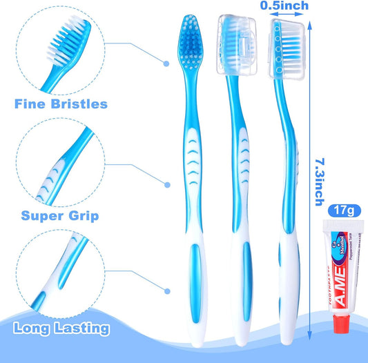 30 Set Toothbrush and Cover Travel Kit Bulk with Toothpaste Individually Wrapped Travel Size Toothbrush Set Soft Bristles Resealable Portable and Reusable Bag for Homeless Hotel Home Charity