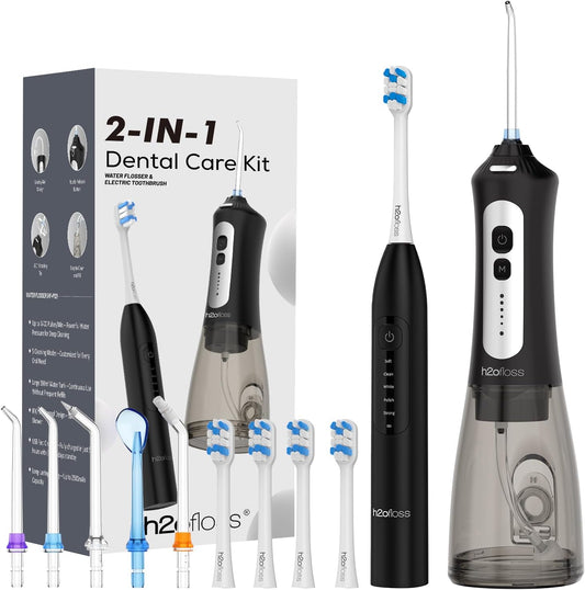 H2ofloss Sonic Electric Toothbrush and Water Flosser Combo, Rechargeable 2000mAh Toothbrush and 2500mAh Oral Irrigator with 300ml Tank, 4 Brush Heads, 5 Nozzles, 2 in 1 for Home and Travel (Black)