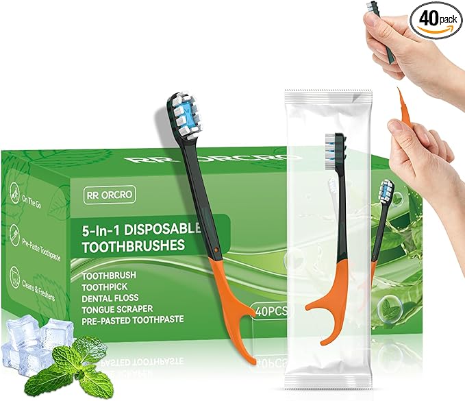 40Pack Disposable Toothbrush with Pre-Pasted Toothpaste 5-in-1 Mini Travel Toothbrush Deep Clean with Toothpick, Flosser, Tongue Scraper for Superior Oral Hygiene, Individually Wrapped