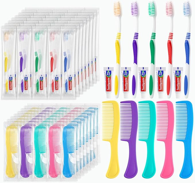 Disposable Toothbrushes with Toothpaste and Comb in Bulk, Individually Wrapped Soft Bristle Travel Size Basic Hygiene Kits, for Travel Hotel Camping Charity Homeless Shelter Donation in 5 colors (50)