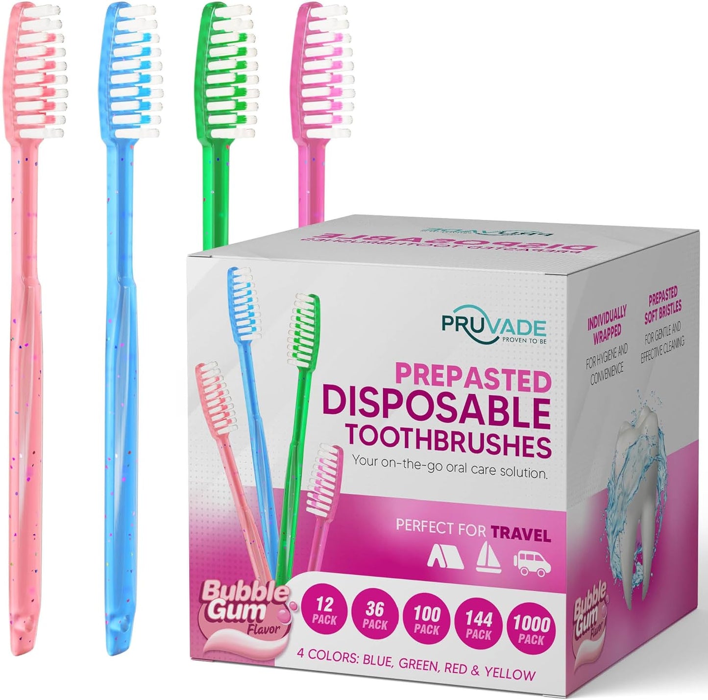 144 Pack Disposable Toothbrushes with Toothpaste Built in - Prepasted Toothbrushes Individually Wrapped - Single Use Waterless Tooth Brush with Soft Bristles - Bubblegum Flavor/Kids